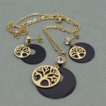 Golden Life Tree Stainless Steel Pendant Necklace with Beautiful Ear Pair